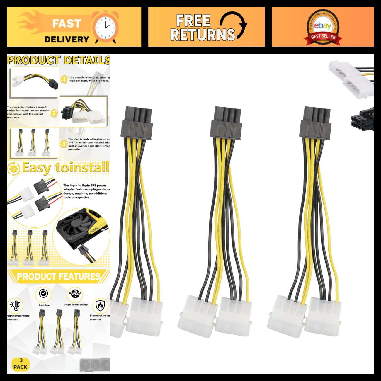 3-Pack 8 Pin PCIe to Dual Molex Adapter Cable - Power Supply Connector