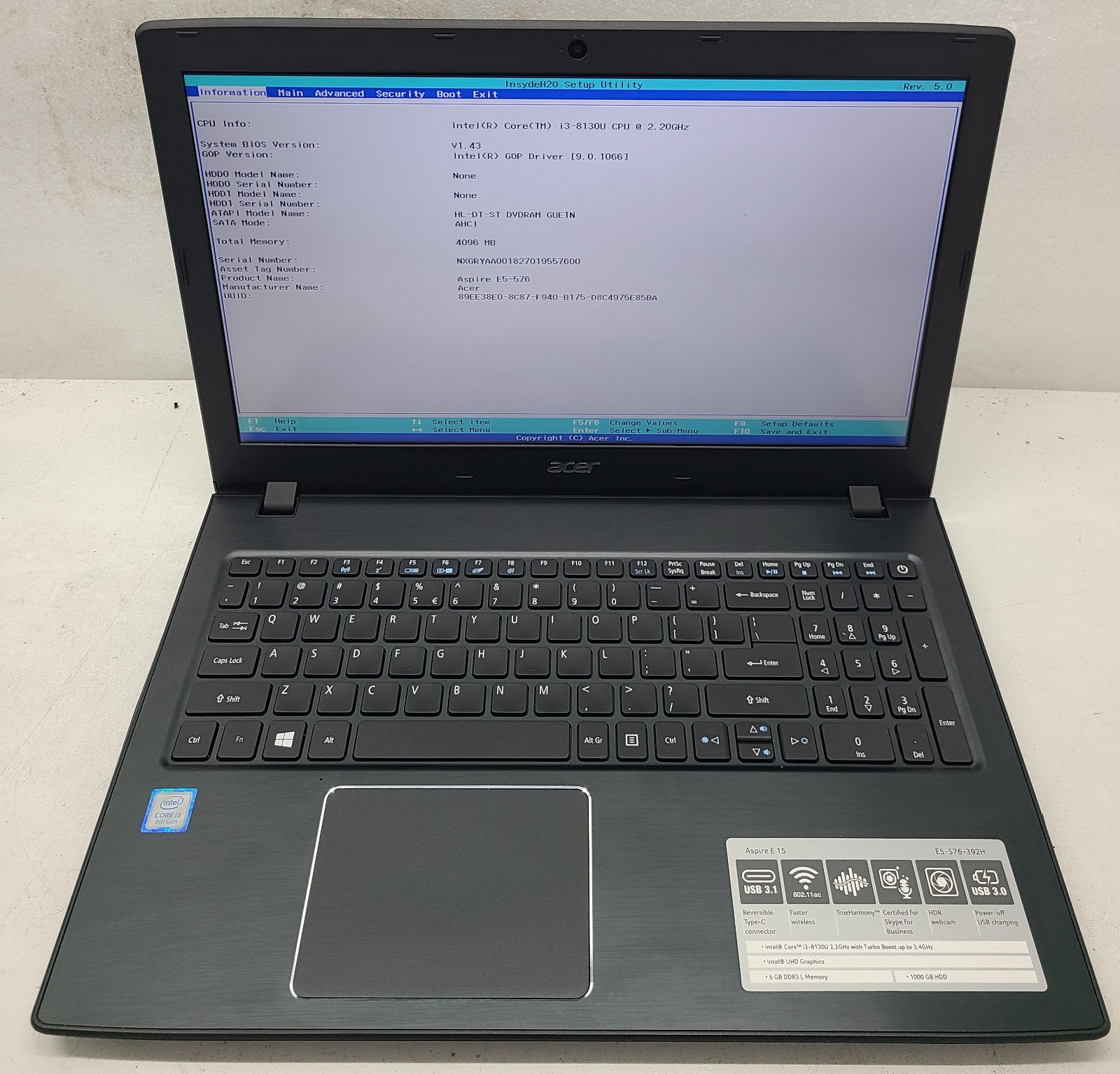 Acer Aspire E 15 E5-576-392H Laptop Intel Core i3-8130U 4GB RAM NO HD/OS (FL)