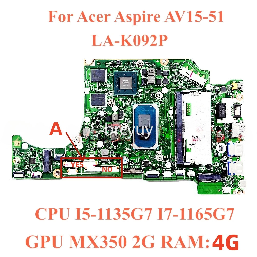 LA-K092P For Acer Aspire AV15-51 motherboard with CPU I5-1135G7 GPU MX350 2G RAM