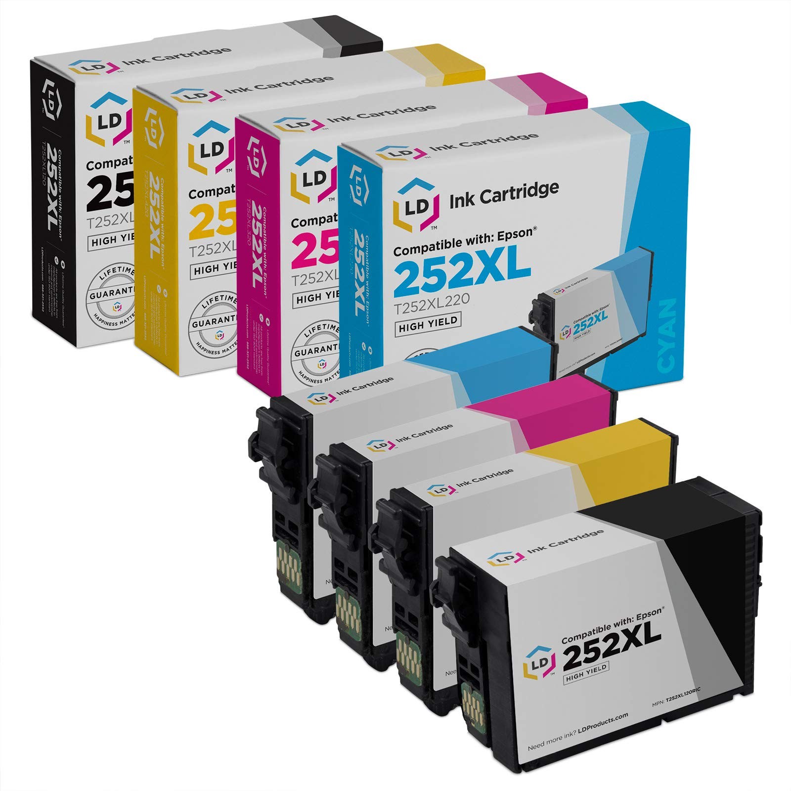 Replacements for Epson 252XL Ink Combo Pk (1 Blk, 1 C, 1 M, 1 Y) HY 4-Pk Bundle