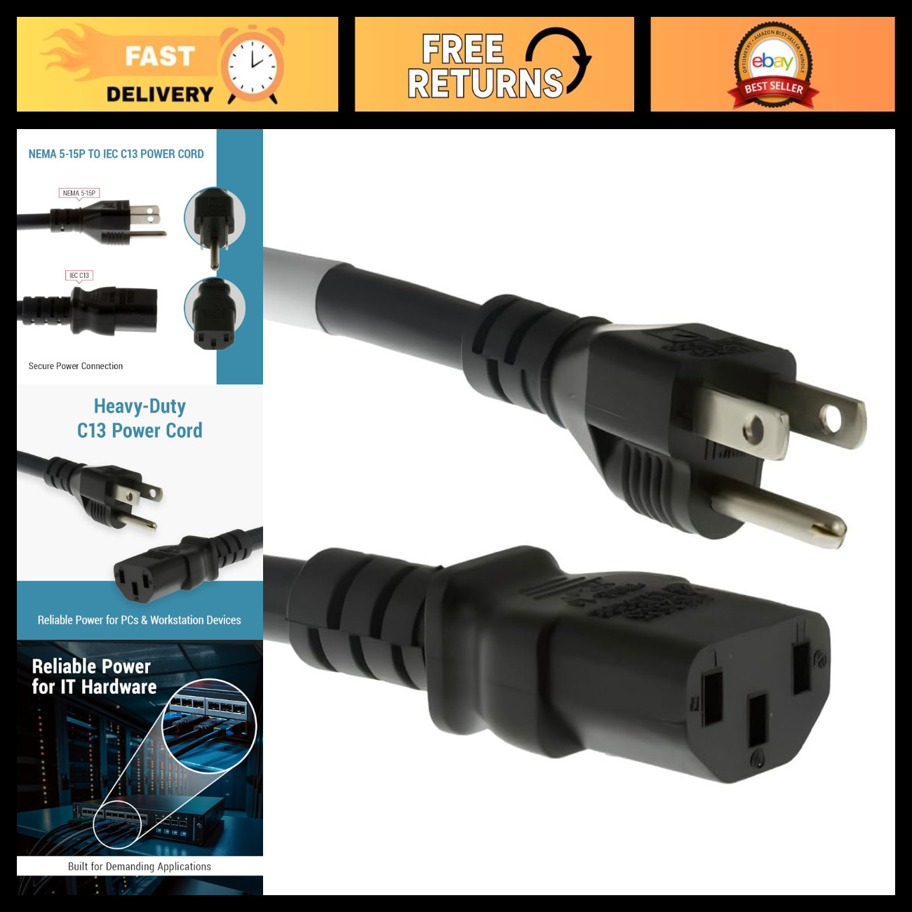 15ft Heavy Duty AC Power Cord, 14AWG NEMA 5-15P to C13, Durable & Reliable