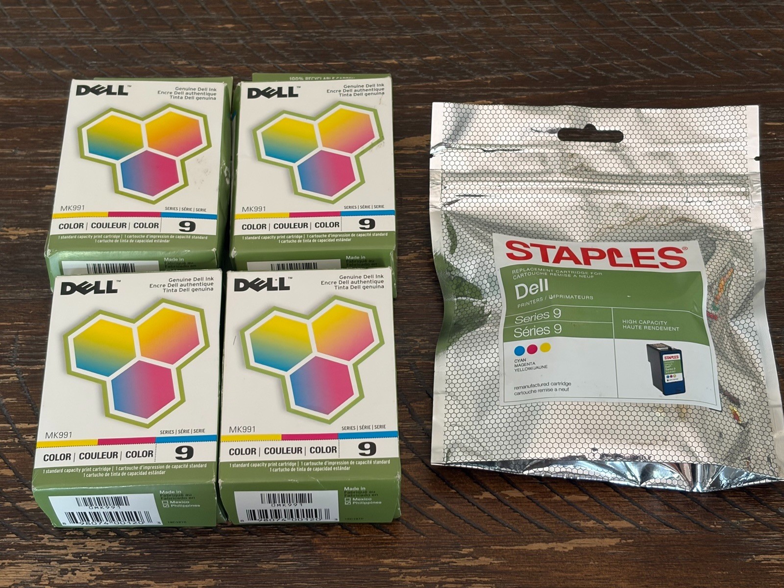 Lot of 5 Dell Series 9 Color Ink Cartridges (4 Dell + 1 Staples) New Sealed