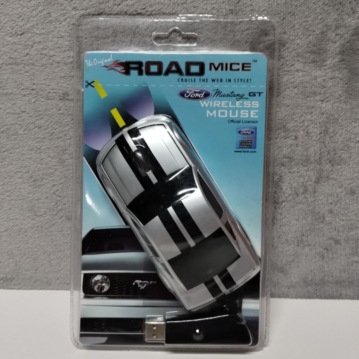 Road Mice Ford Mustang GT Wireless Mouse Silver w/ Black Stripes