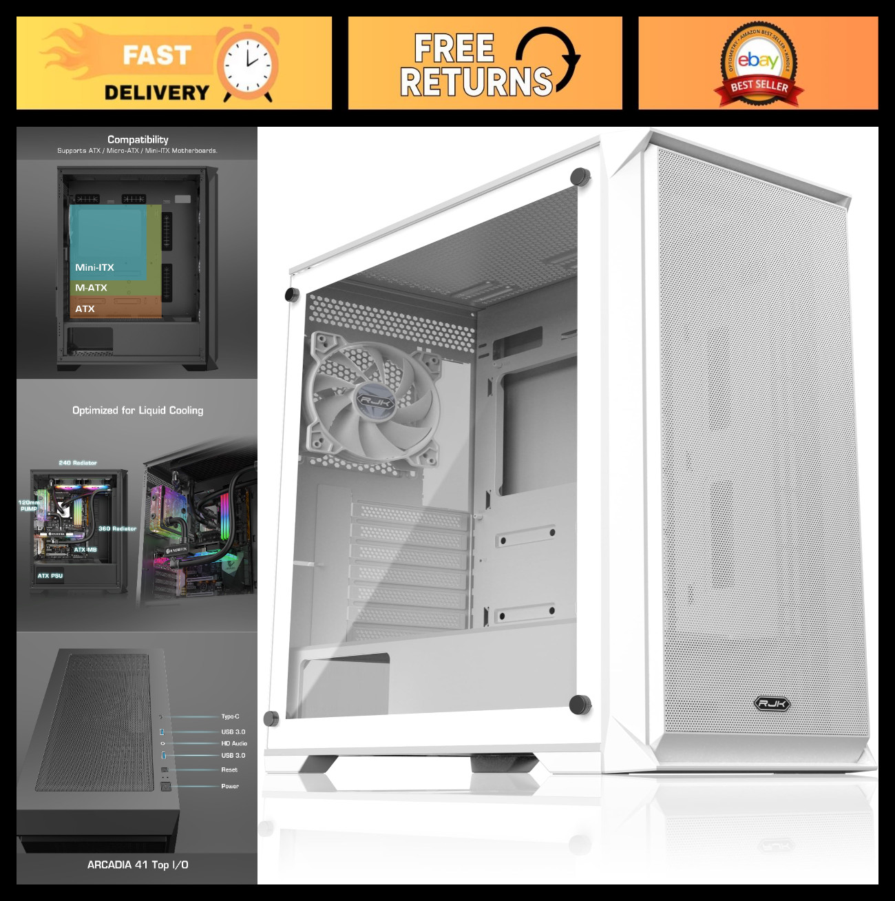 Sleek White Mid Tower PC Case with Tempered Glass, High Airflow, 120mm Fan, ATX