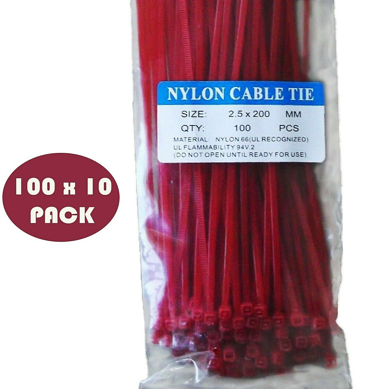 1,000 Pack - 200 X 2.5MM Nylon Cable Zip Tie Wraps in Red - Tuff Jacks