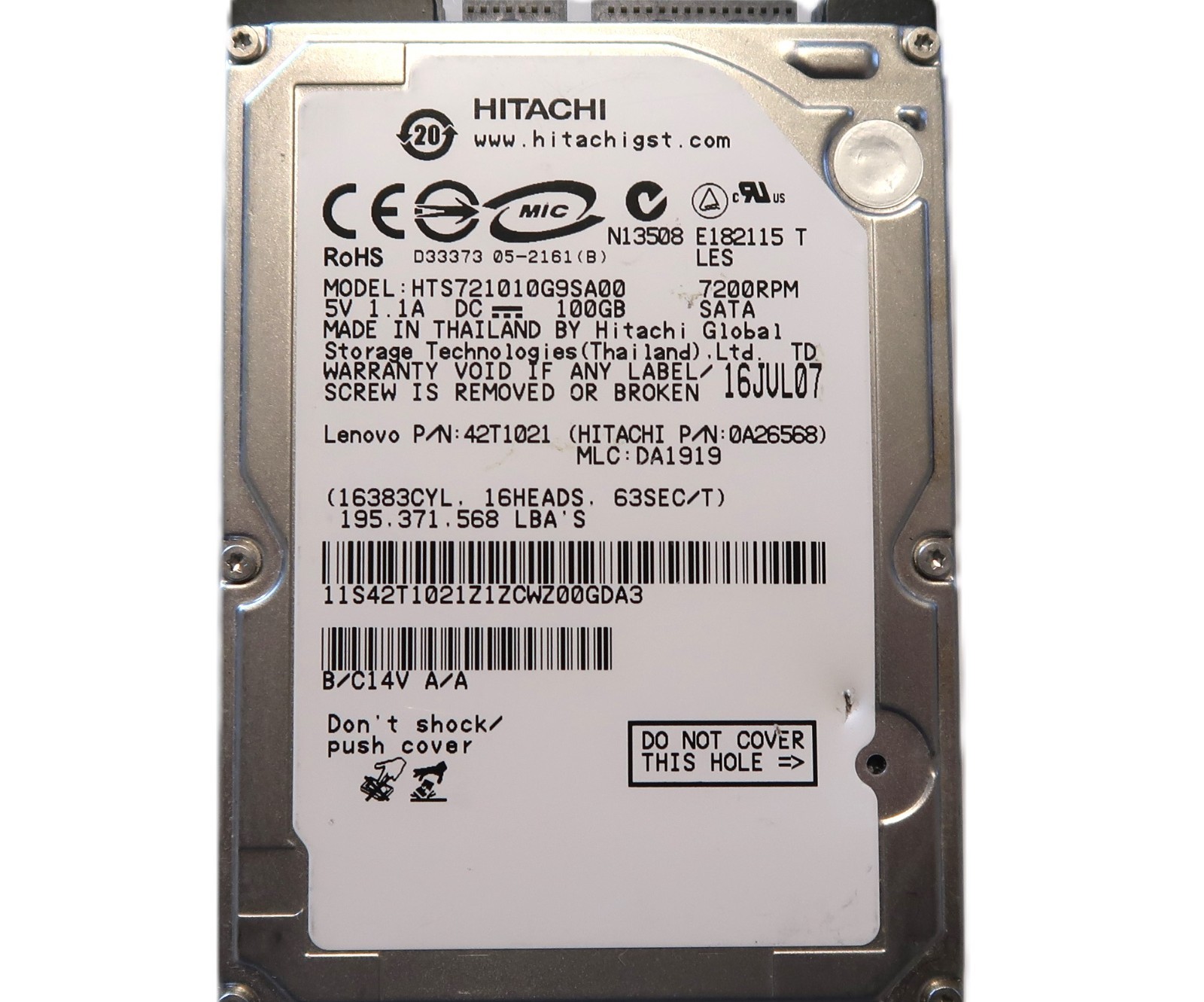 Hitachi HTS721010G9SA00 0A26568 DA1919 Thailand 100gb 2.5" Sata HDD JUL/07