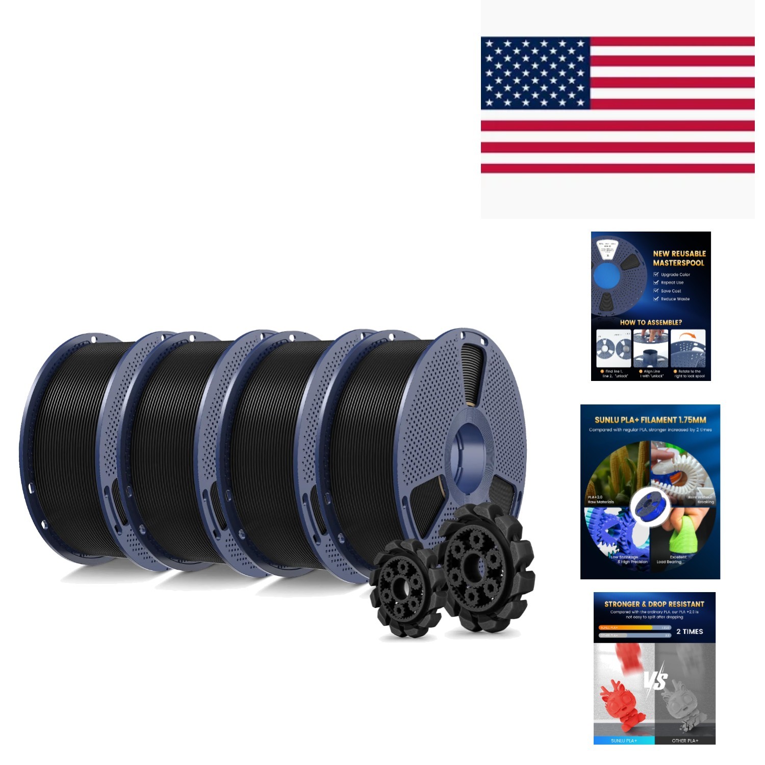 Durable PLA+ 2.0 3D Printer Filament - Black, 4KG 4-Pack for Quality Prints