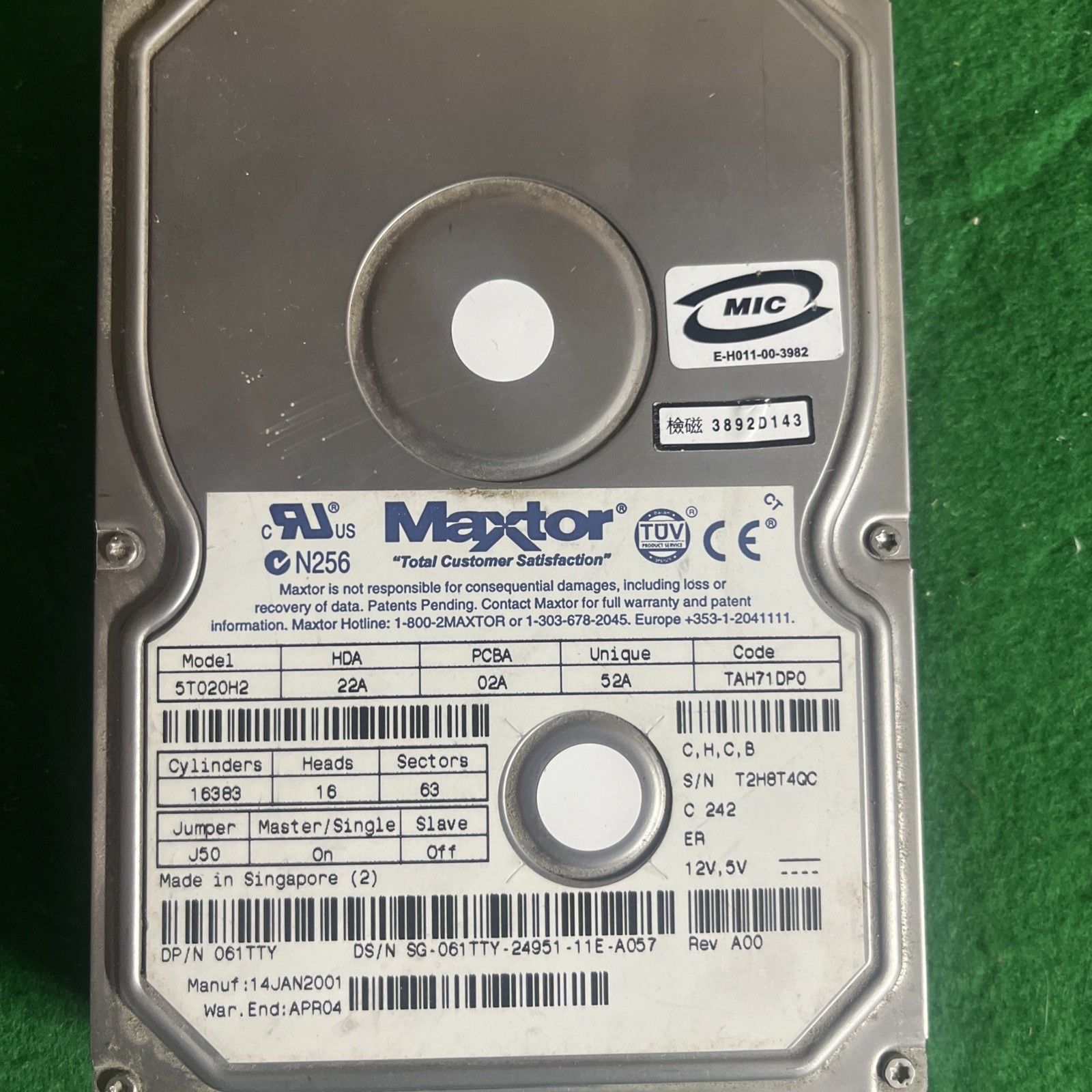 Maxtor 5T020H2 20GB DiamondMax Plus 60 7200RPM IDE ATA100 3.5” Hard Drive @2G