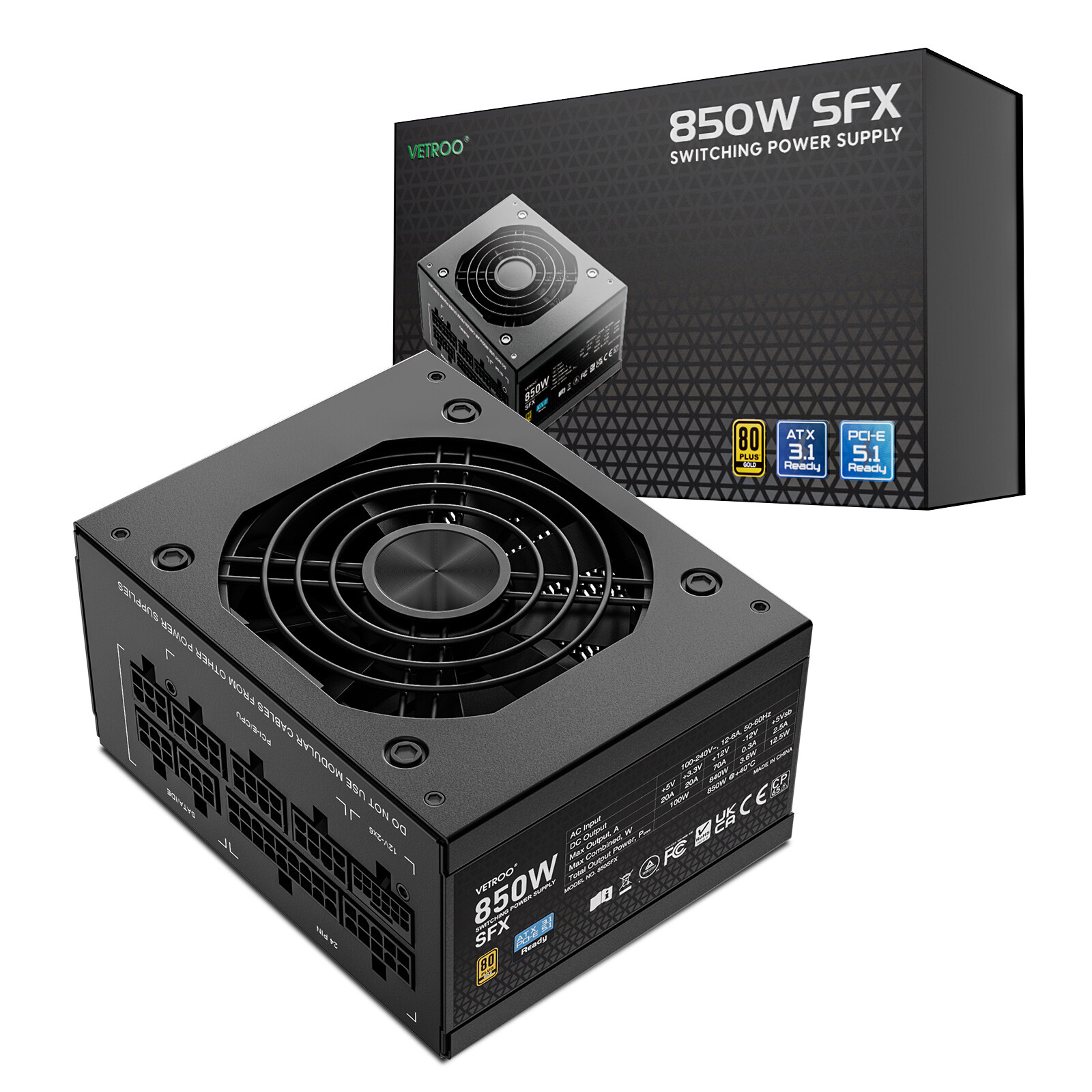 Vetroo 850W SFX Power Supply ATX 3.1 & PCIE 5.1 Ready 80 Plus Gold Certificate