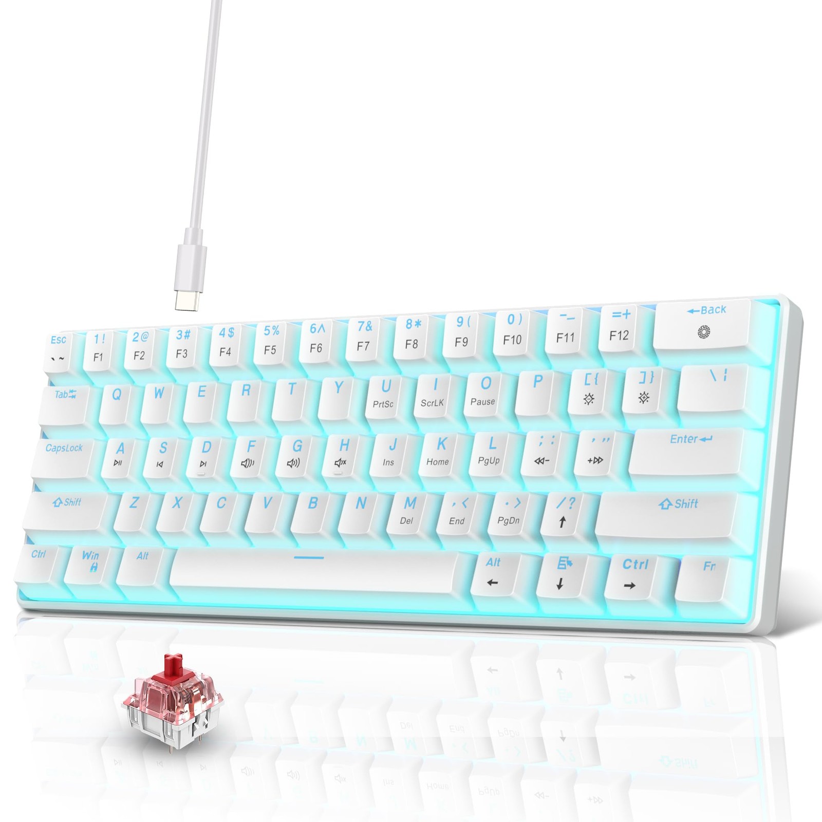Portable 60 Percent Mechanical Gaming Keyboard Ice Blue LED 61 Keys Mini