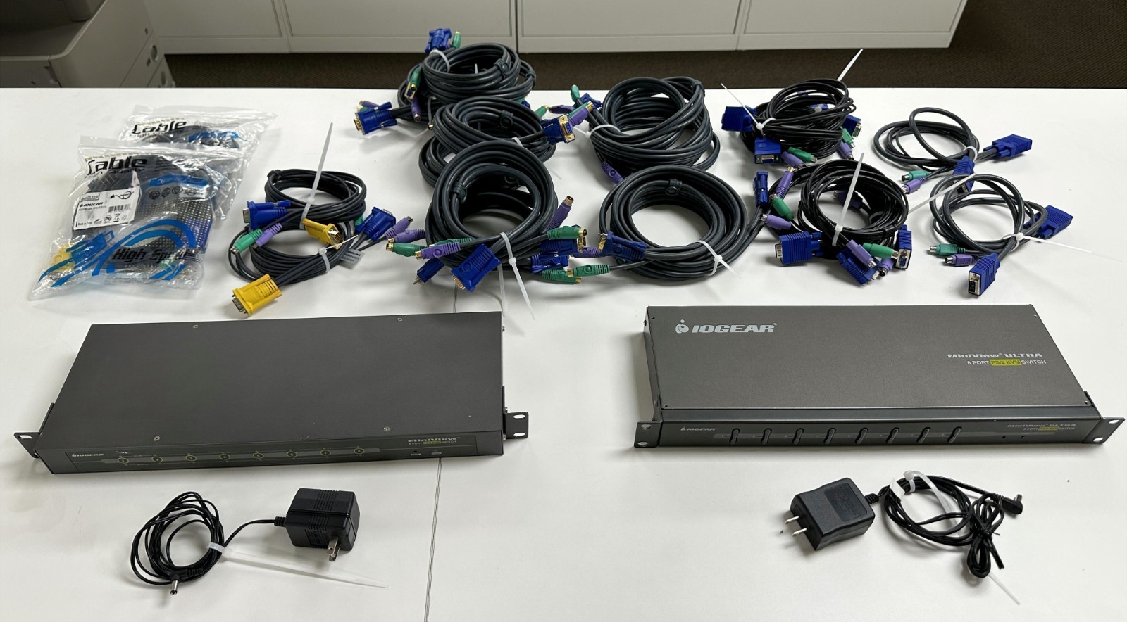 lot - 2 IOGEAR MiniView KVM switch boxes (8-port PS/2) with 18 various cables