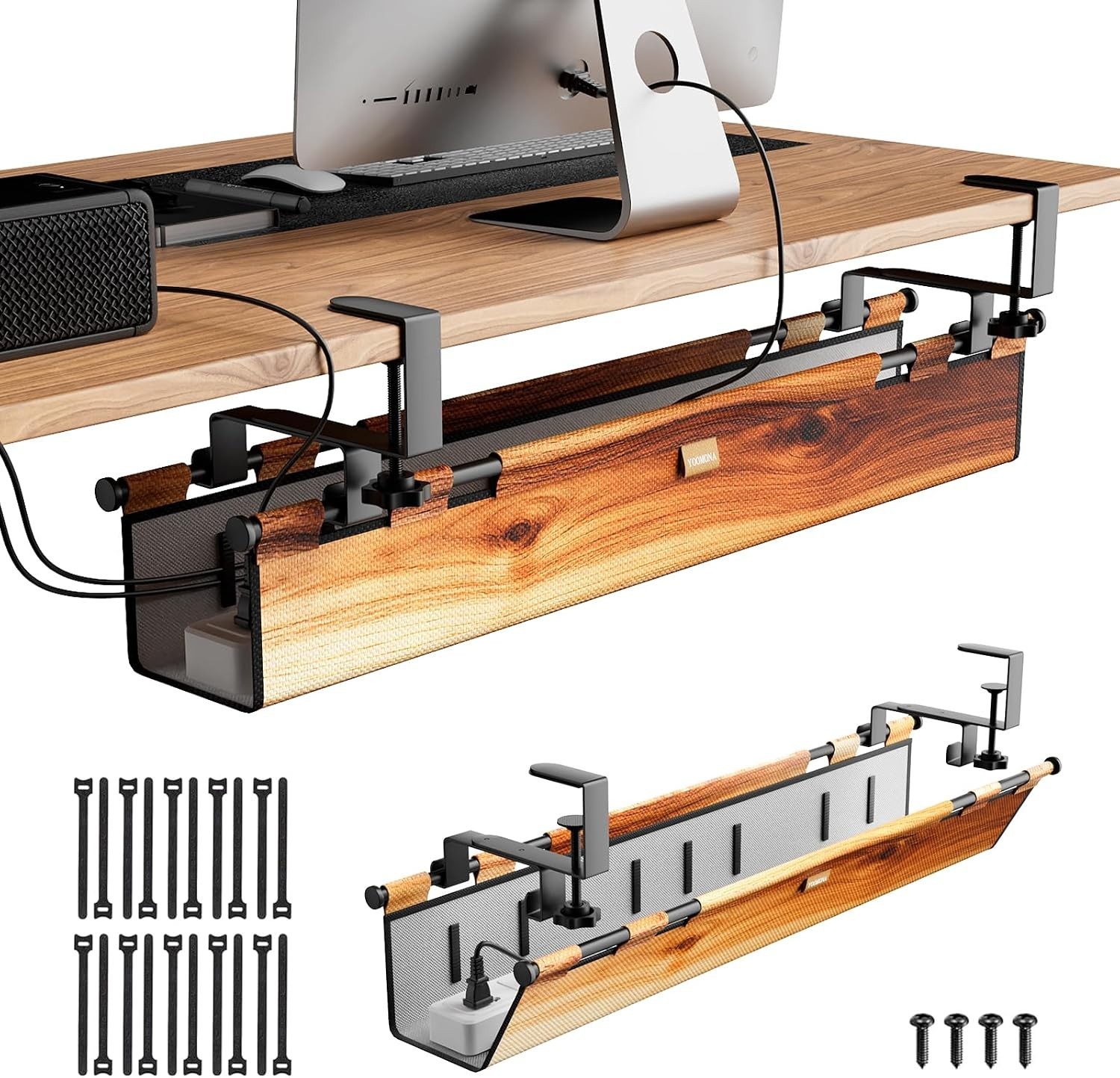 No Drill Thickened Under Desk Cable Management 38.5Inch Wood-Grain