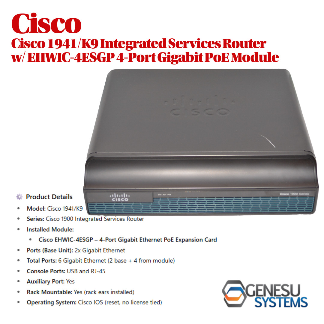 Cisco 1941/K9 Router w/ EHWIC-4ESGP 4-Port Gigabit PoE Module – Tested & Working