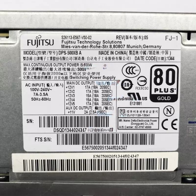 Fujitsu W530 W550 S26113-E567-V50-02 DPS-500XB A 500W Server Power Supply US