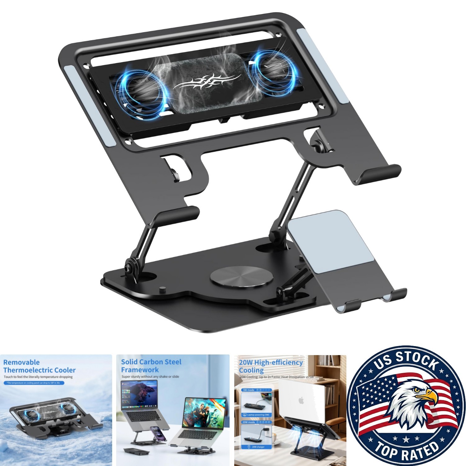 Carbon Steel Laptop & Tablet Cooler - Adjustable 360° Stand, Ultra-Quiet