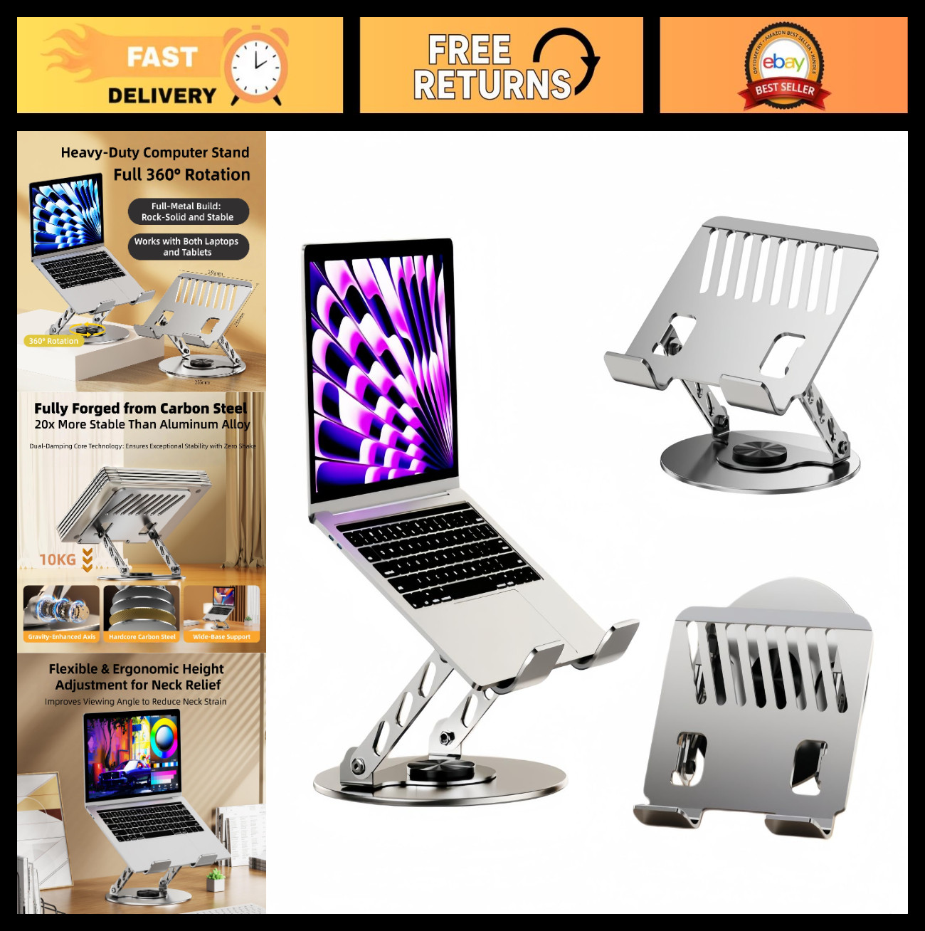 360° Rotatable Height-Adjustable Metal Laptop Stand, Anti-Slip, Heat-Dissipating
