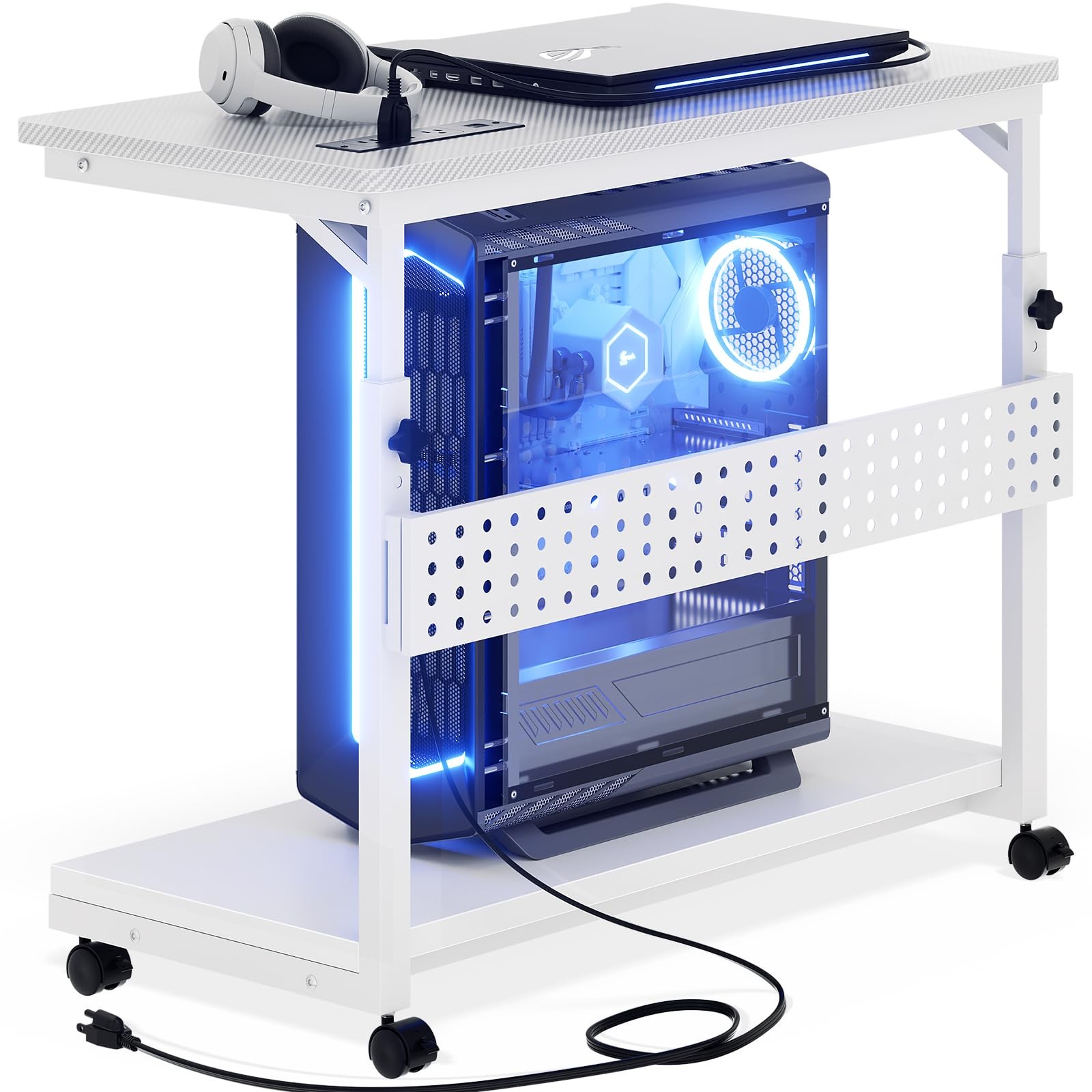 32" Adjustable Rolling Computer Tower Stand with Power Strips - Carbon Fiber Bla