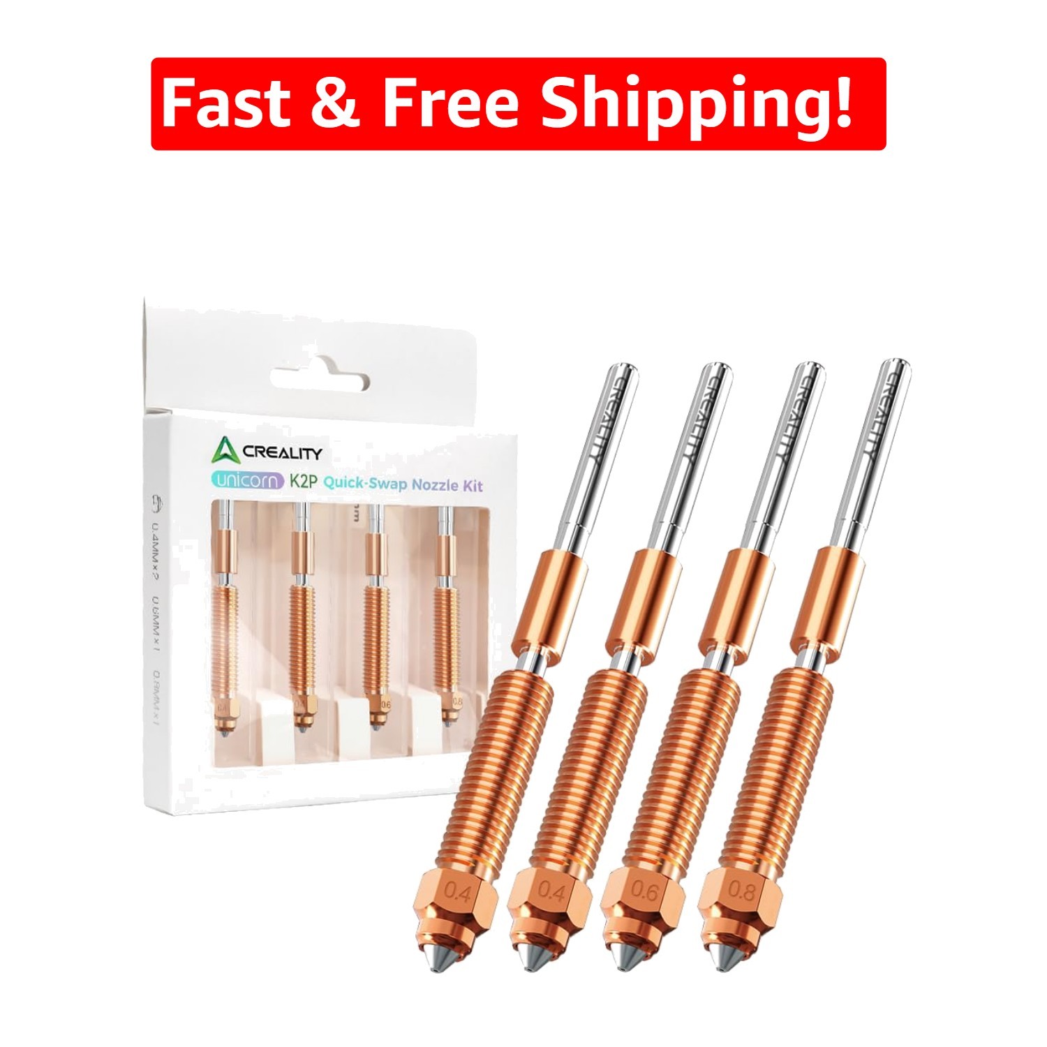 All-Metal K2 Plus Nozzle Kit - 4PCS (0.4mm, 0.6mm, 0.8mm) for 3D Printing