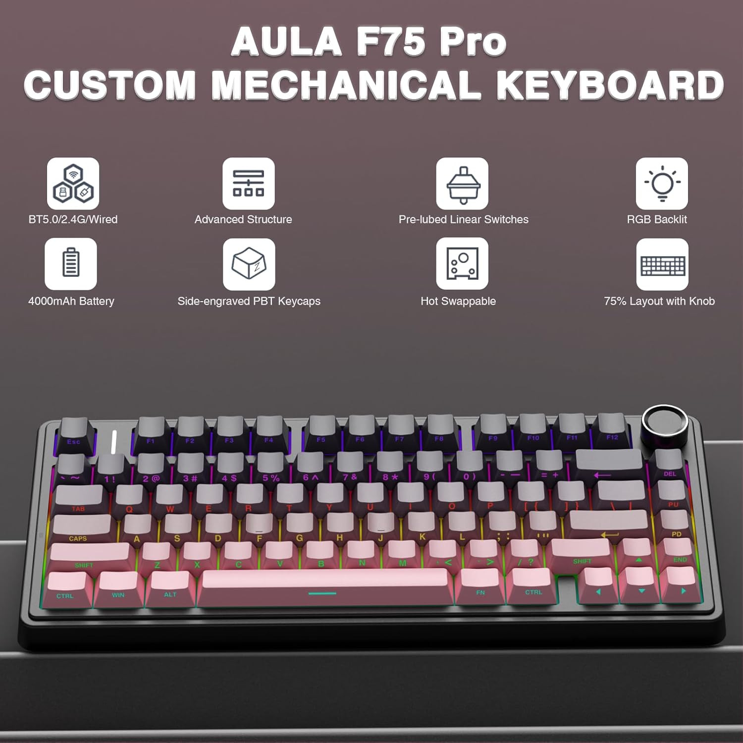 F75 Pro Wireless 75% Mechanical Keyboard, Hot Swappable, RGB, Pink & Black