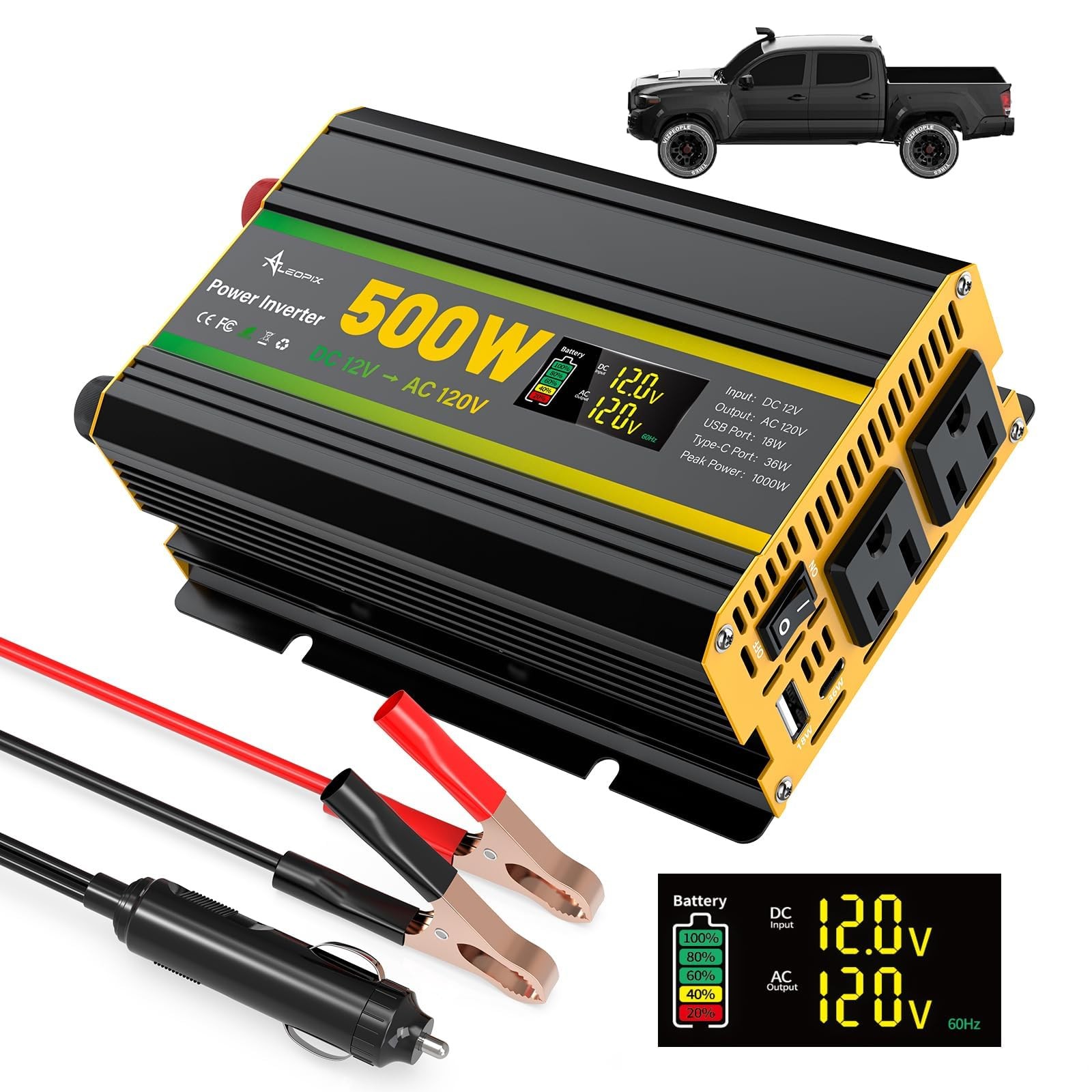 500 Watt Power Inverter for Vehicles, Car Power Inverter with 2 AC Outlets/Ci...