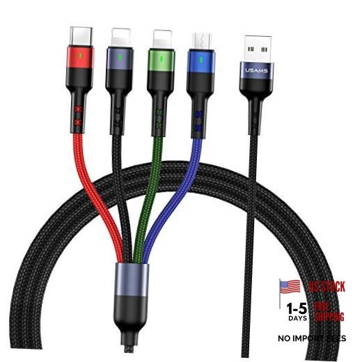 USAMS Multi Charging Cable 2Pack 4FT 4 in 1 Nylon Braided USB 4ft Multicolored