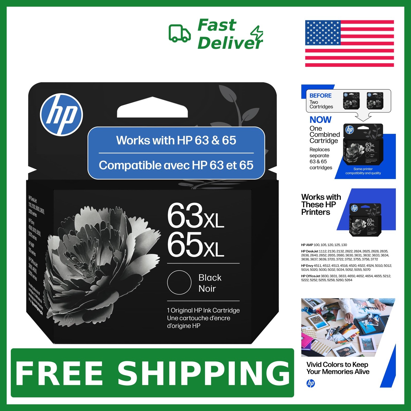 HP Black High-Yield Ink Cartridge 63XL/65XL, 300 Pages