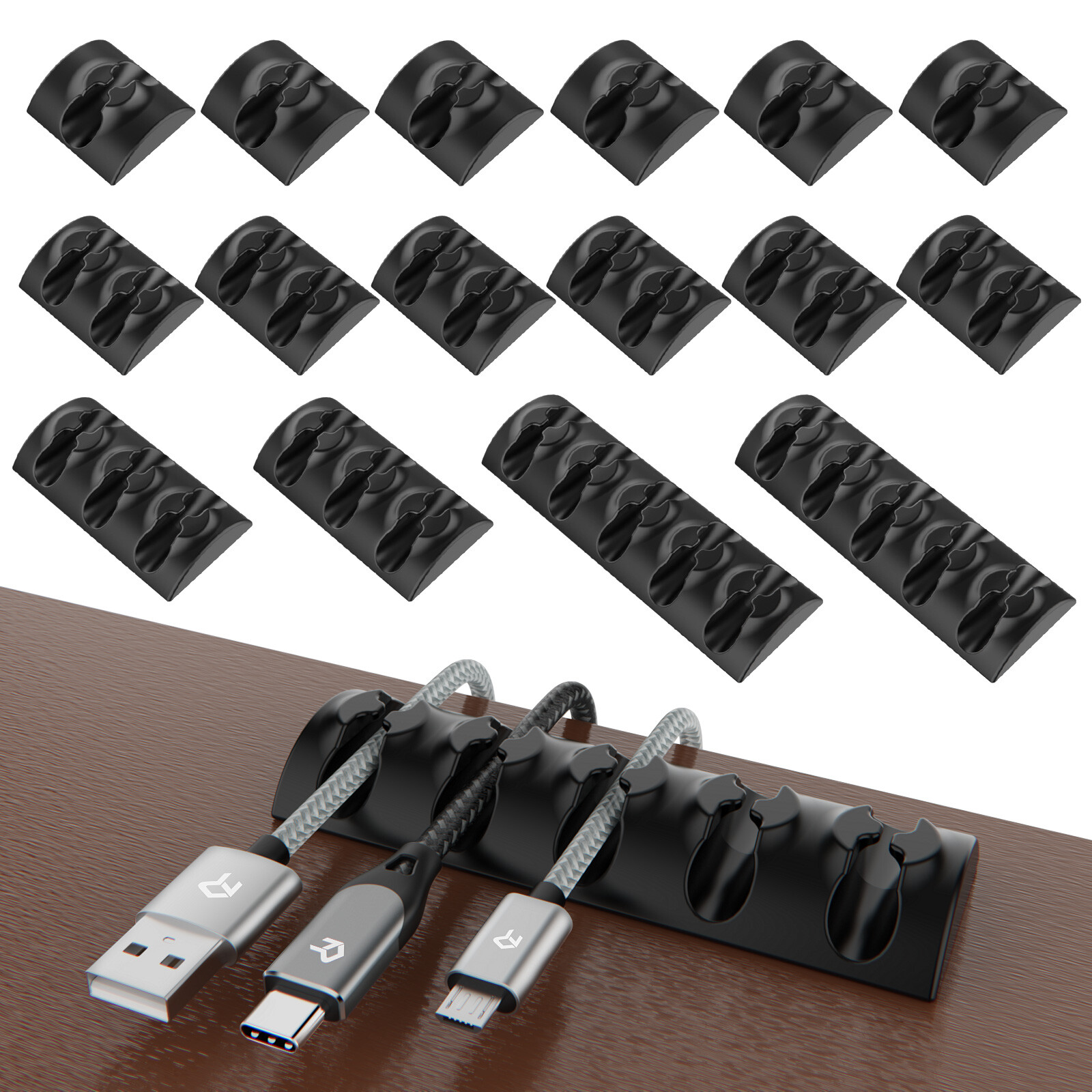 Rankie Cable Clips, Self Adhesive Cord Holders, Cord Organizers, 16-Pack, Black