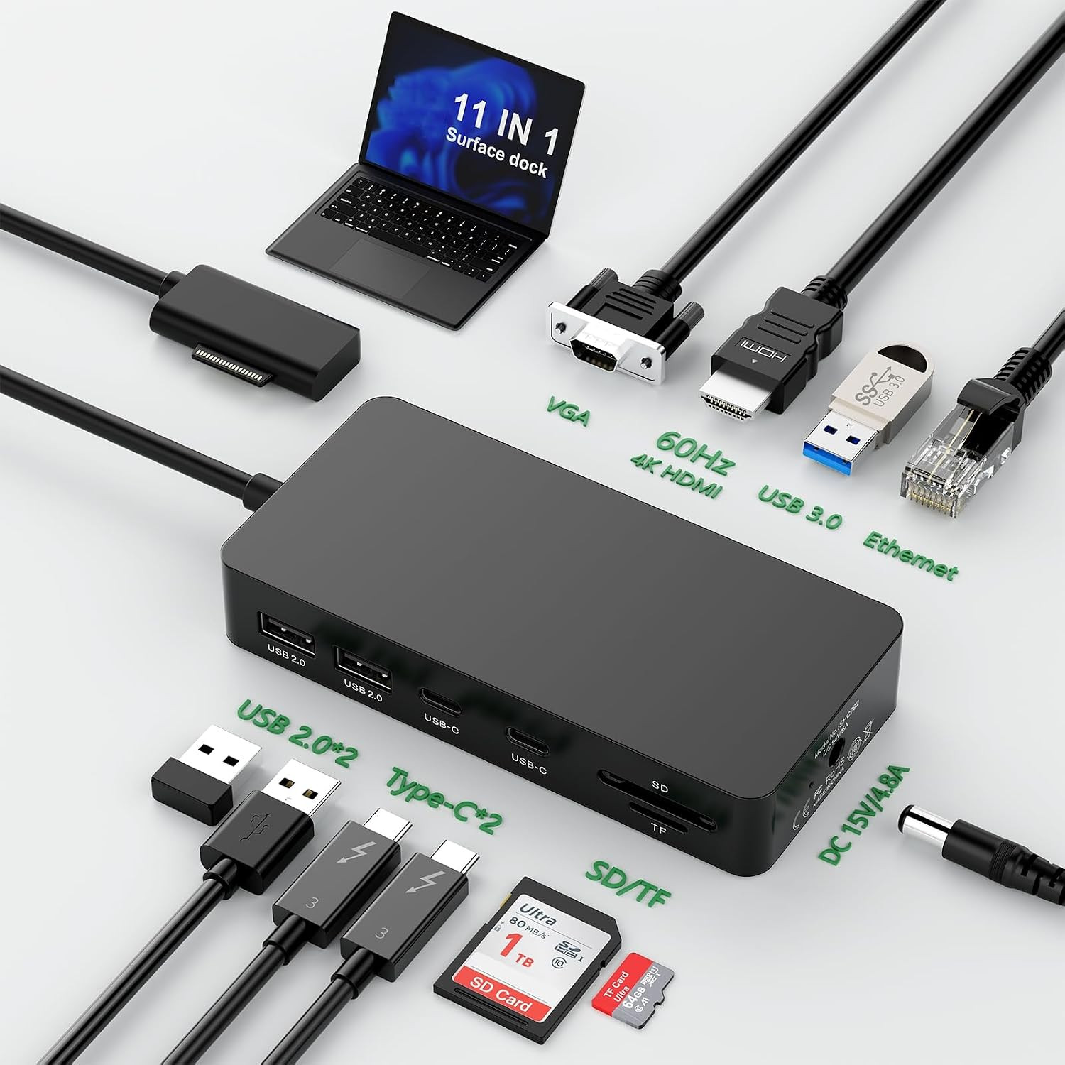Surface Pro Docking Station, 11-In-1 Surface Dock Dual Displays HDMI 4K@60HZ+VGA