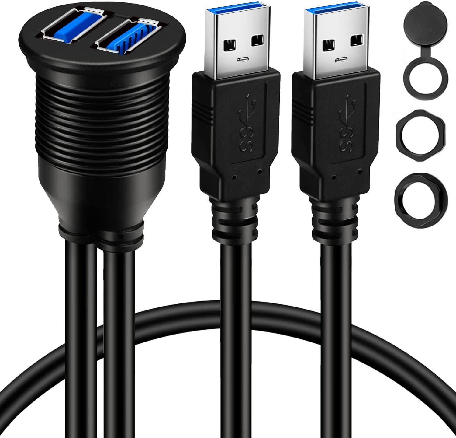 2 Ports Dual USB 3.0 Male to USB 3.0 Female AUX Flush Mount Car Mount Extension 
