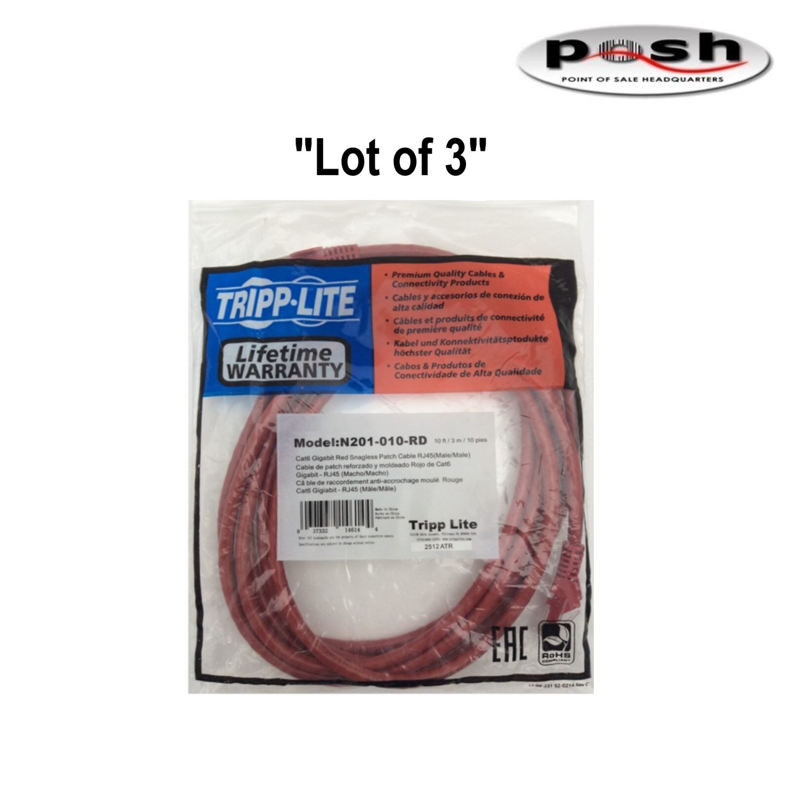 "Lot of 3" Tripp Lite Cat.6 1 X Rj-45 Male 10ft Red -N201-010-RD