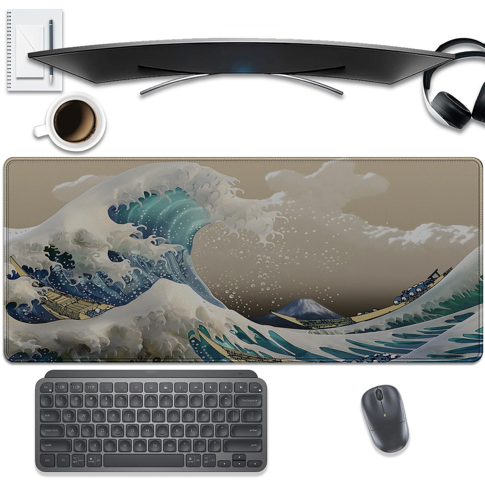 Japanese Wave Large Gaming Mouse Pad Desk Pad, 27.5x11.8in The Great Wave Off...