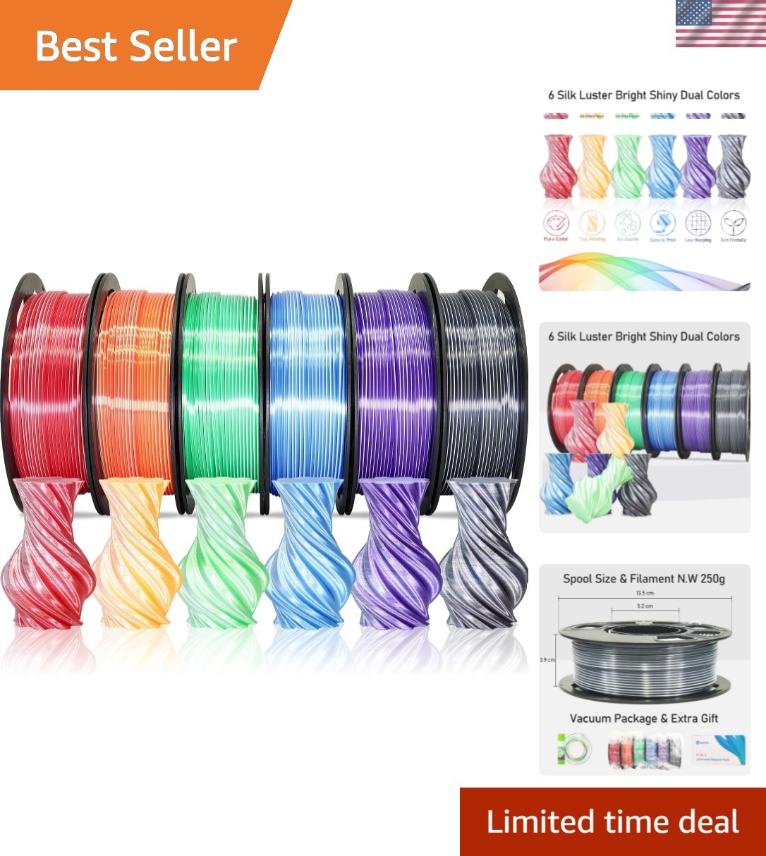 High-Quality Dual Color Silk PLA 3D Filament - 6 Spools with Mixed Samples