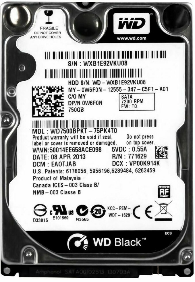 HARD DRIVE DELL 0W6F0N W6F0N 750GB 7200RPM 16MB SATA WD7500BPKT 2.5'' inch