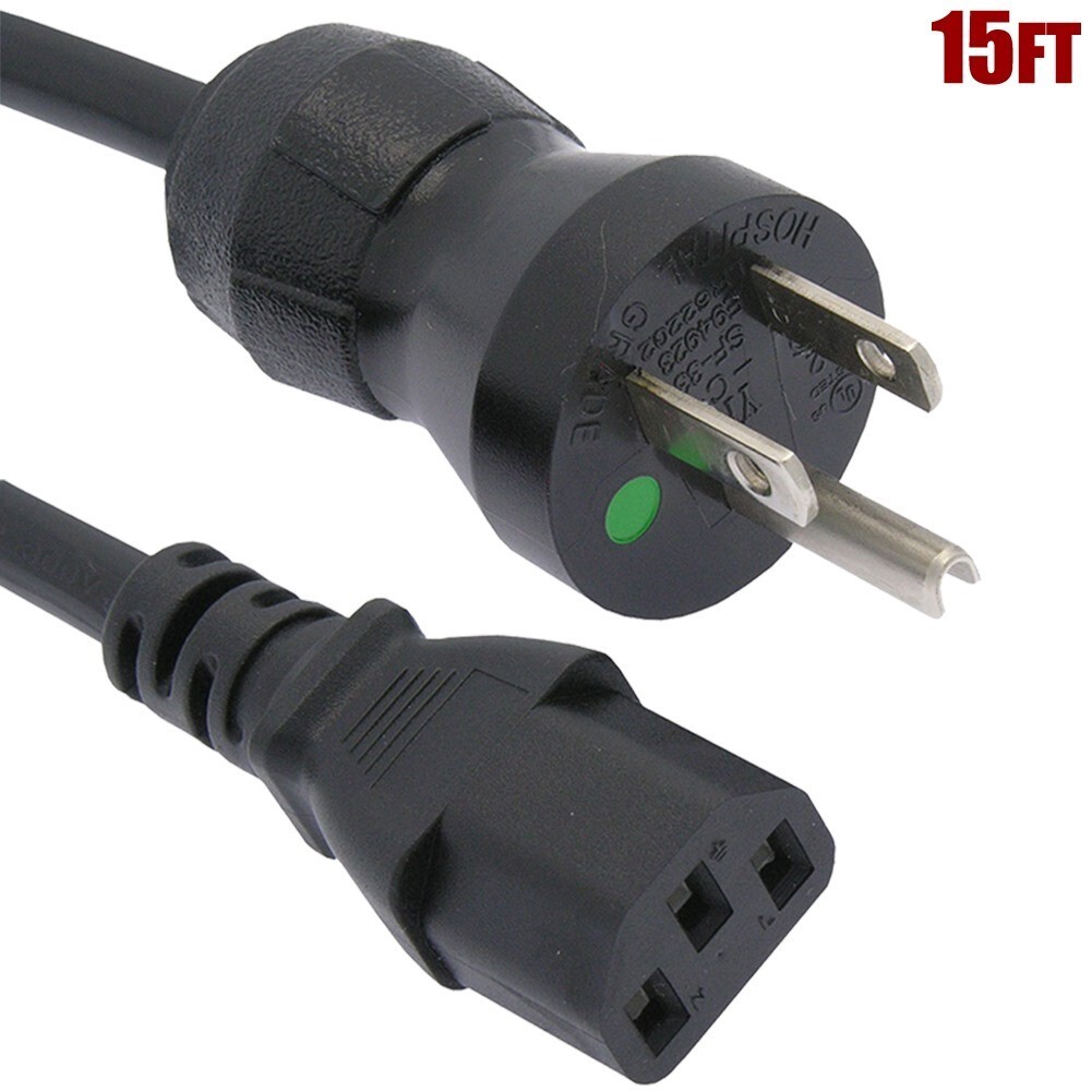 15FT 18 Gauge 3 Prong NEMA 5-15P to IEC320 C13 Power Cord Cable Hospital Grade