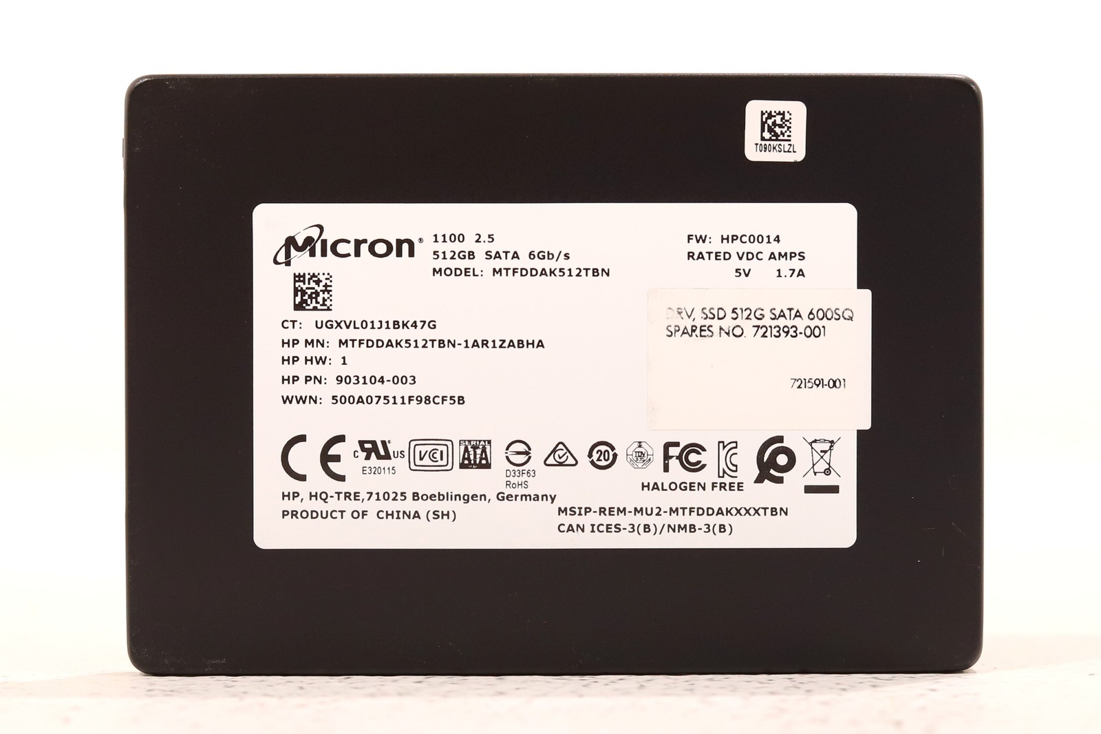 HP MTFDDAK512TBN 512GB 2.5" 6Gb/s SATA Solid State Drive P/N: 903104-003 Tested