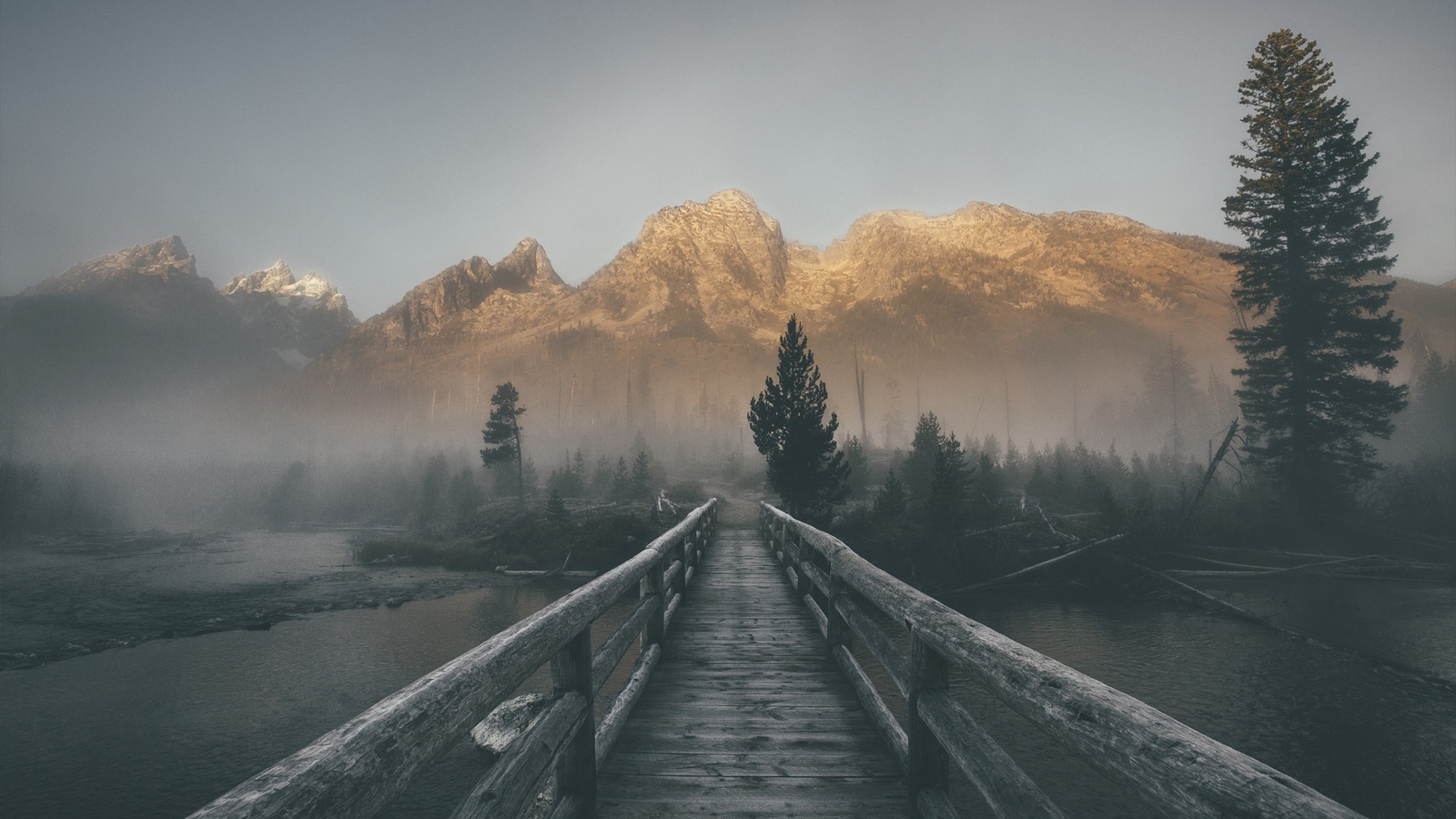 Landscape photography mountains water mist bridge beige Custom Gaming Mat Desk