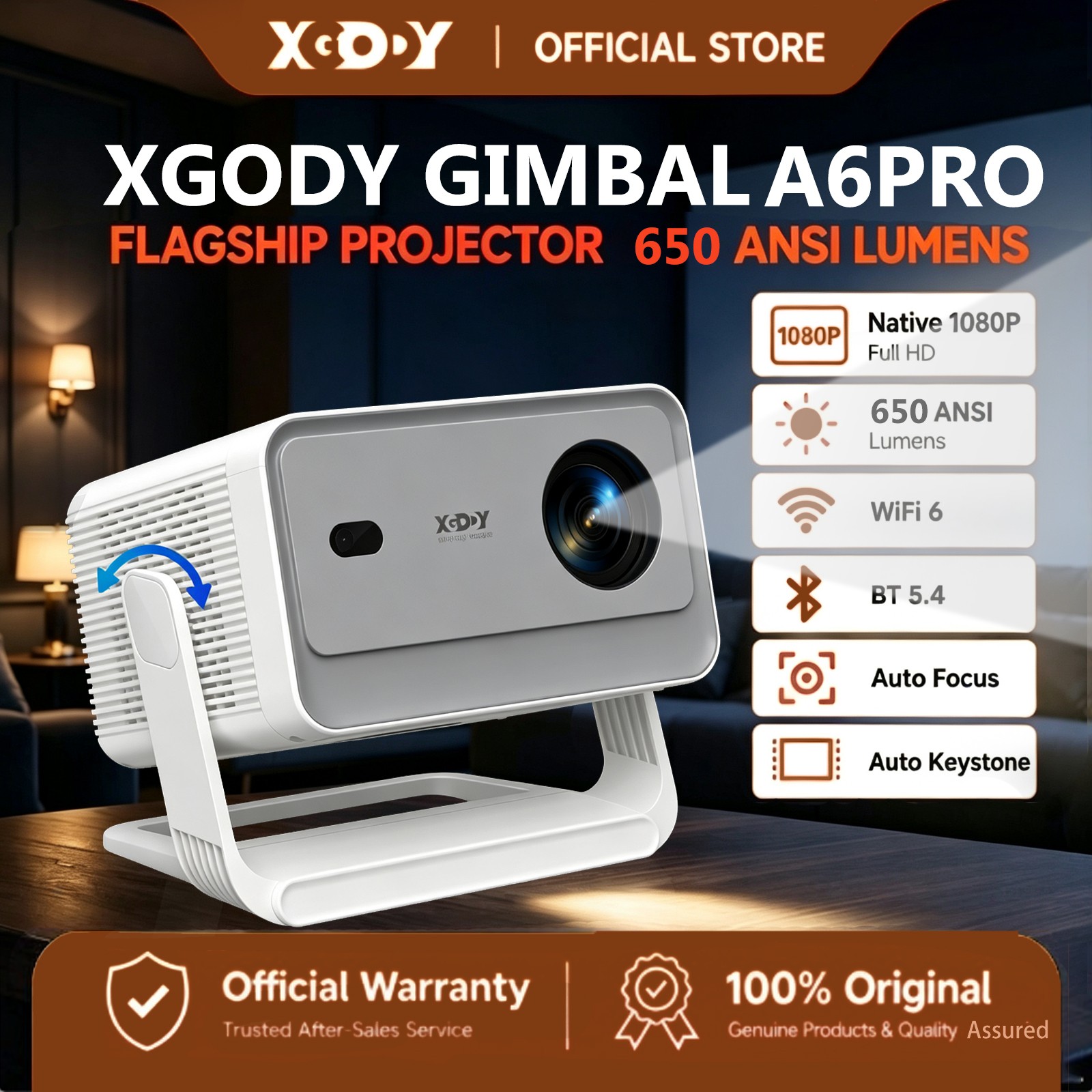 XGODY 2026 Upgraded Gimbal A6 PRO Projector 650ANSI lumens