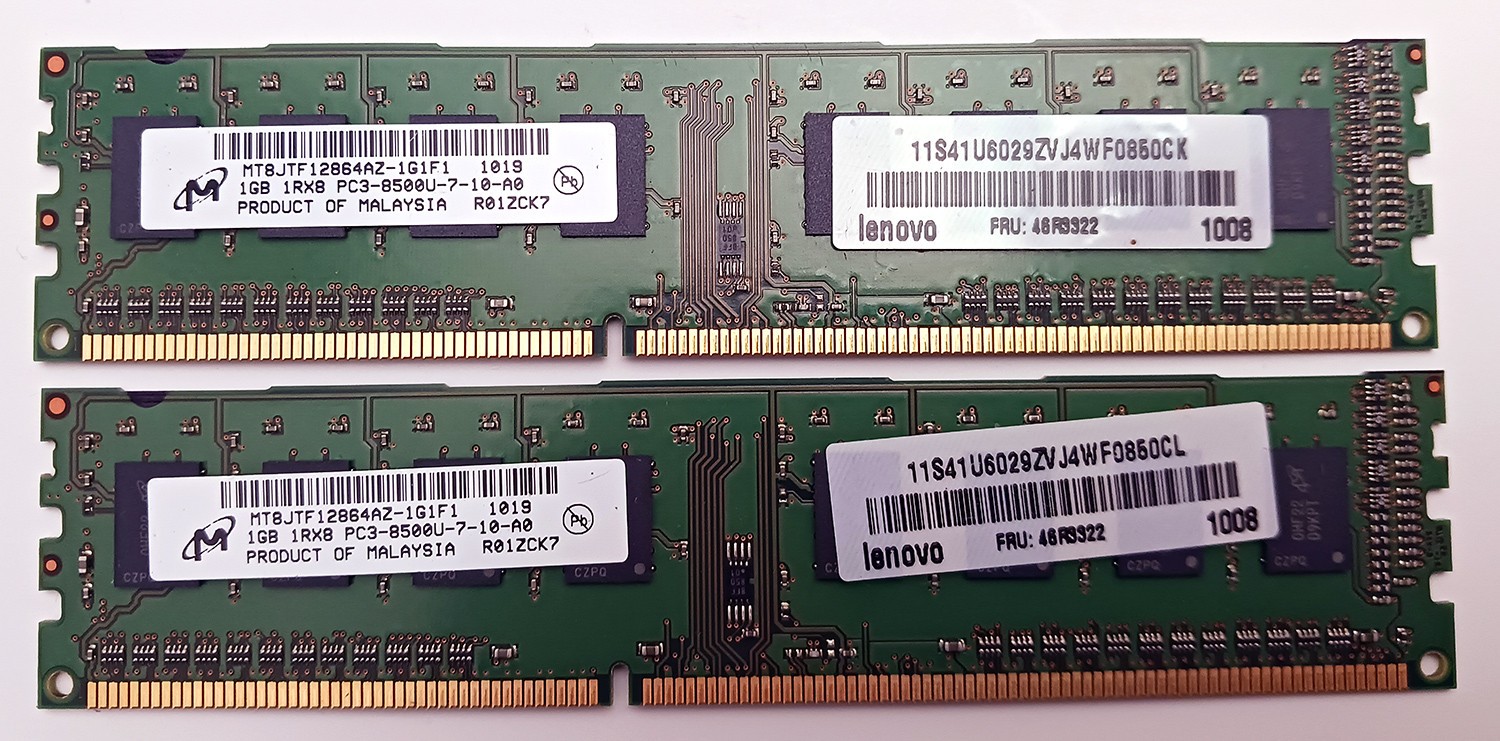 2GB (2x1GB Kit) DDR3 Non-ECC UDIMM 240 Pin 1RX8 PC3-8500U MT8JTF12864AZ-1G1F1