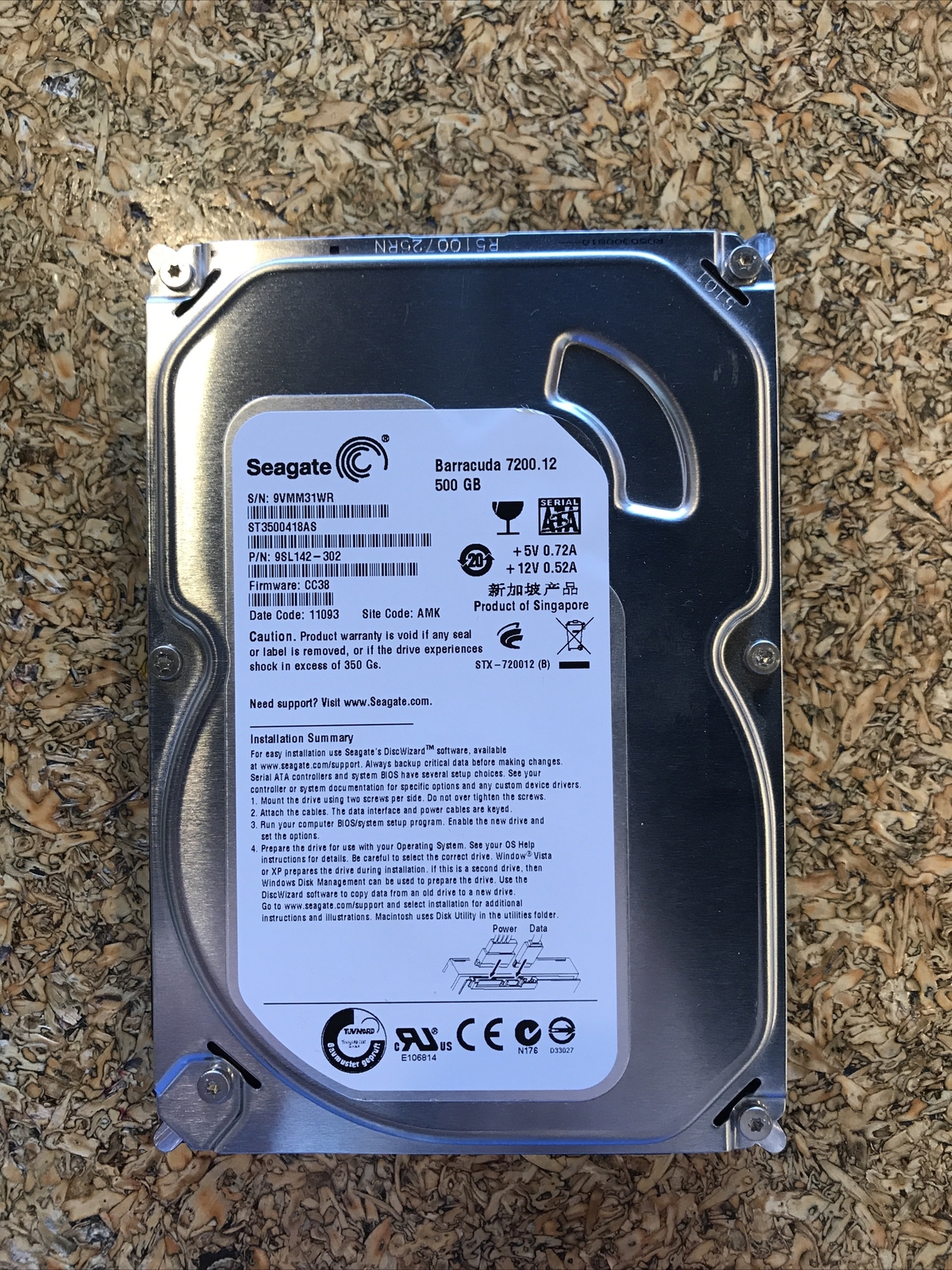 ST3500418AS, PN 9SL142-302, FW CC38, Seagate 500GB SATA 3.5 Hard Drive - JD04