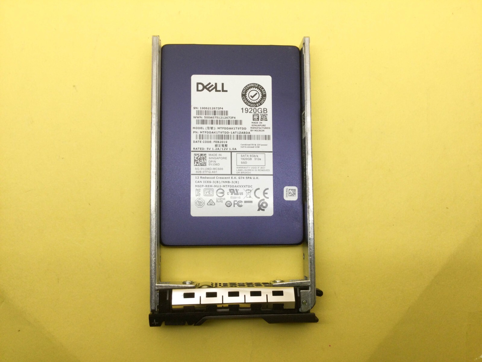 VJ36D Dell 1.92TB SATA 6Gbps Read Intensive 2.5" SSD 0VJ36D MTFDDAK1T9TDD