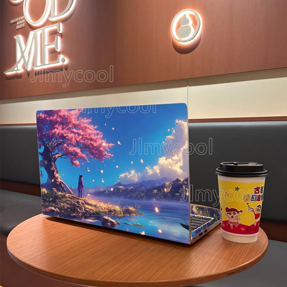 2PCS The Girl Under The Cherry Blossom Tree Vinyl Laptop Sticker Self-adhesive 