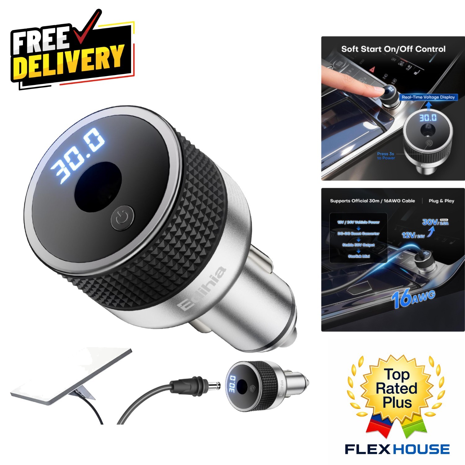 Starlink Mini Car Adapter 30V with Voltage Display for Reliable Connectivity