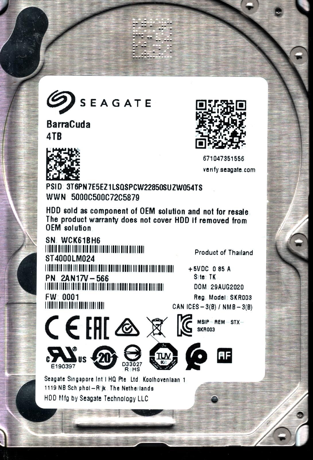 ST4000LM024 P/N: 2AN17V-566 F/W: 0001 S/N: WCK61 4TB AUG 2020 THAILAND SEAGATE