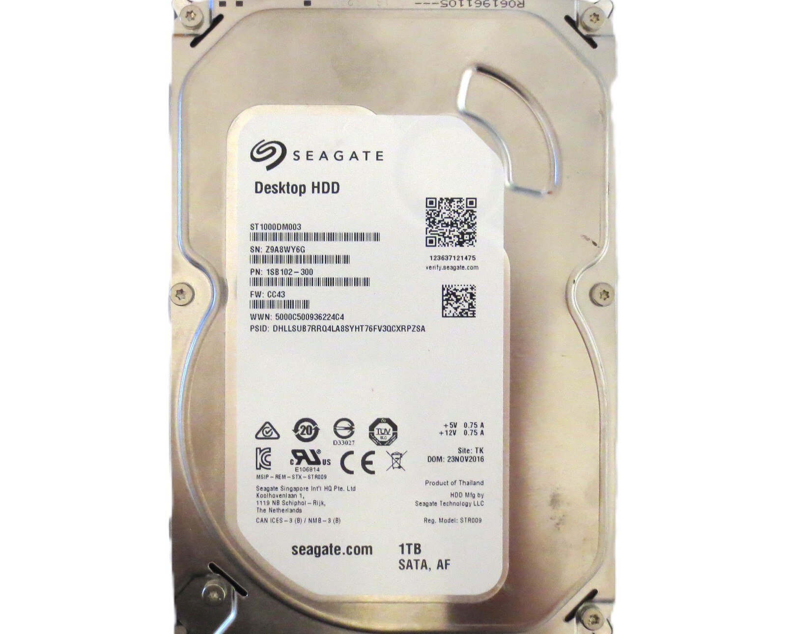 Seagate ST1000DM003 1SB102-300 CC43 (Z9A8) TK Thailand 1TB 3.5" Sata 23NOV2016