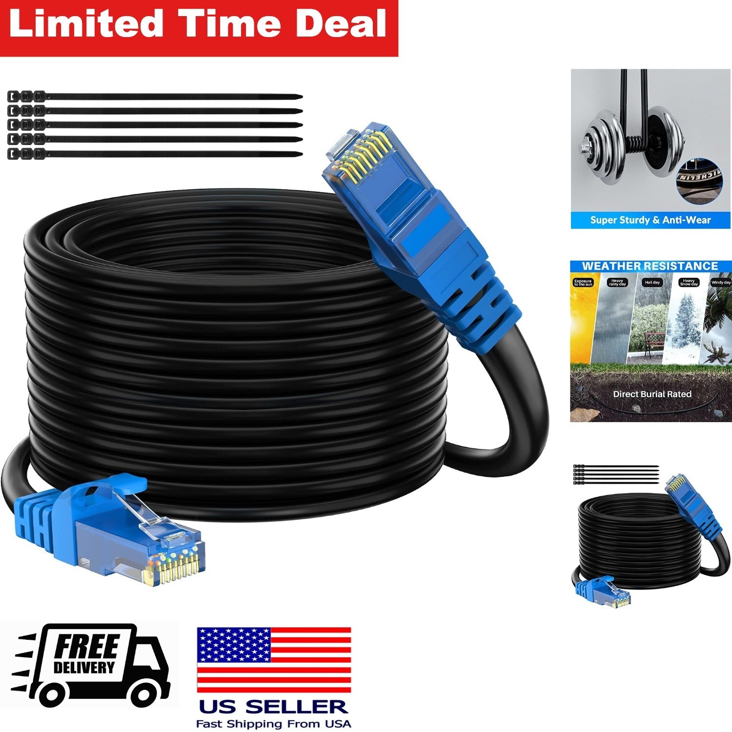 Cat 6 Outdoor Ethernet Cable 76 m Black High Speed Durable for POE Camera