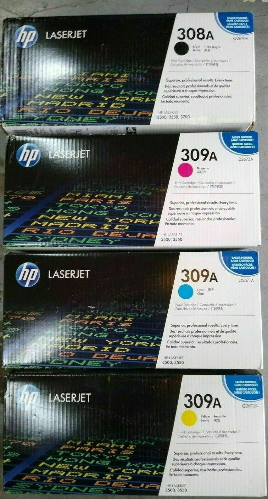 Set 4 Factory Sealed HP Q2670A Q2671A Q2672A Q2673A Toner Cartridges 308A 309A