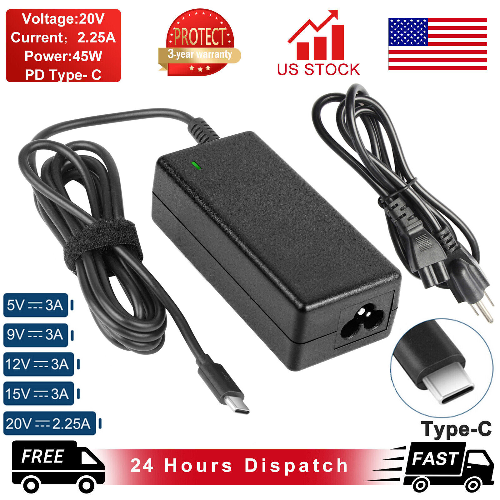 45W TYPE-C Laptop Charger Replacement for Lenovo Chromebook ThinkPad Power Cord