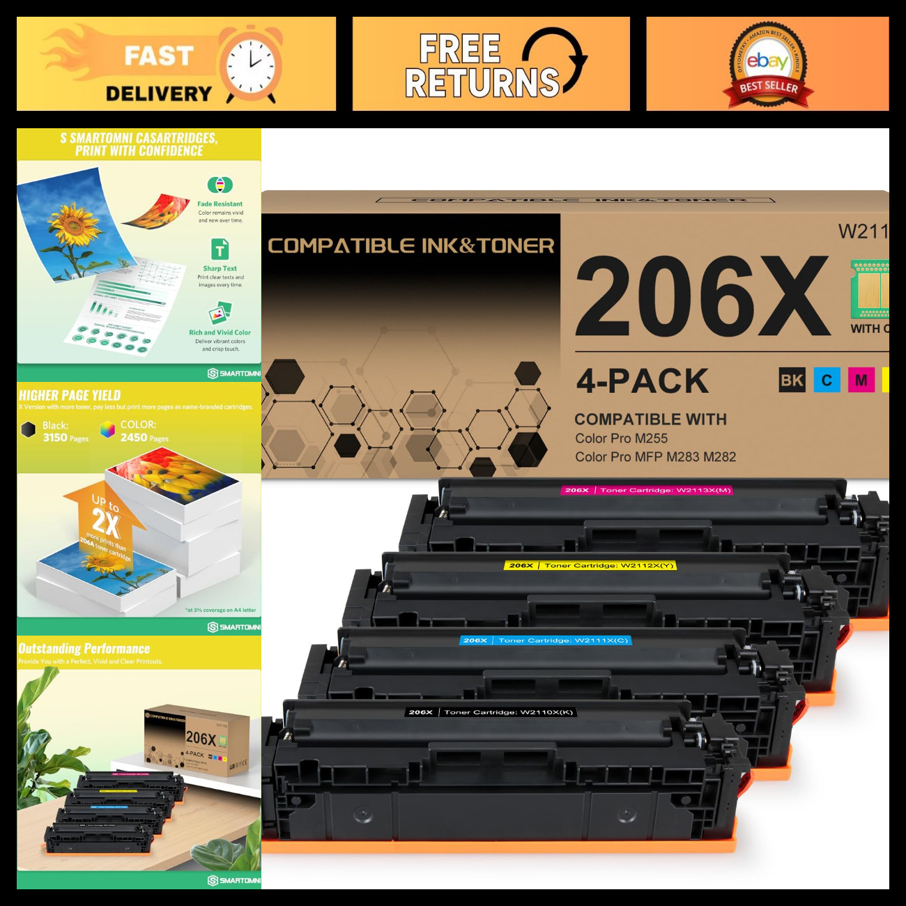 High-Yield Toner Cartridge 4-Pack Compatible with HP 206A 206X Pro MFP M283cdw