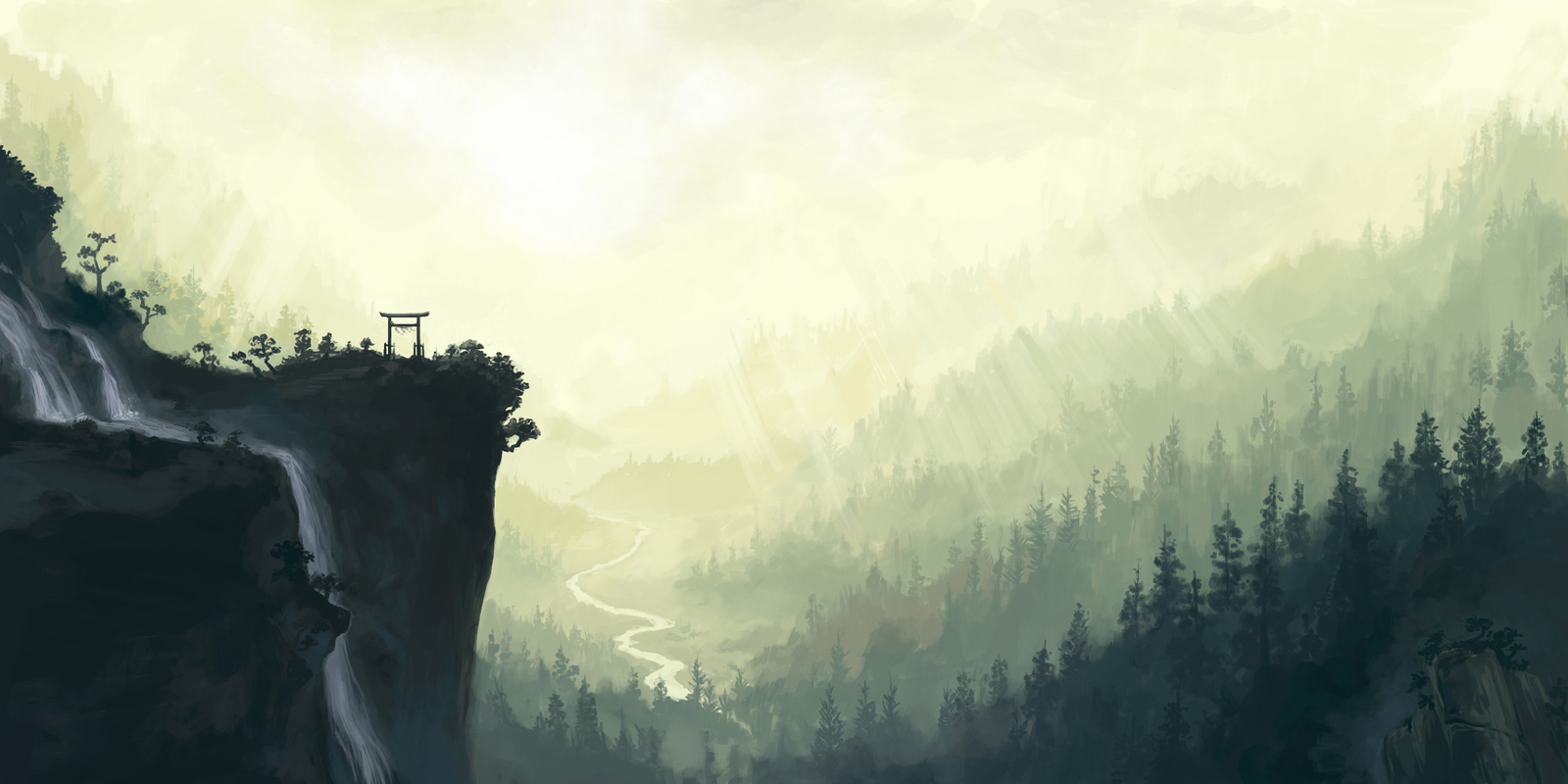 Landscape torii cliff mountains forest waterfall fantasy Custom Gaming Mat Desk