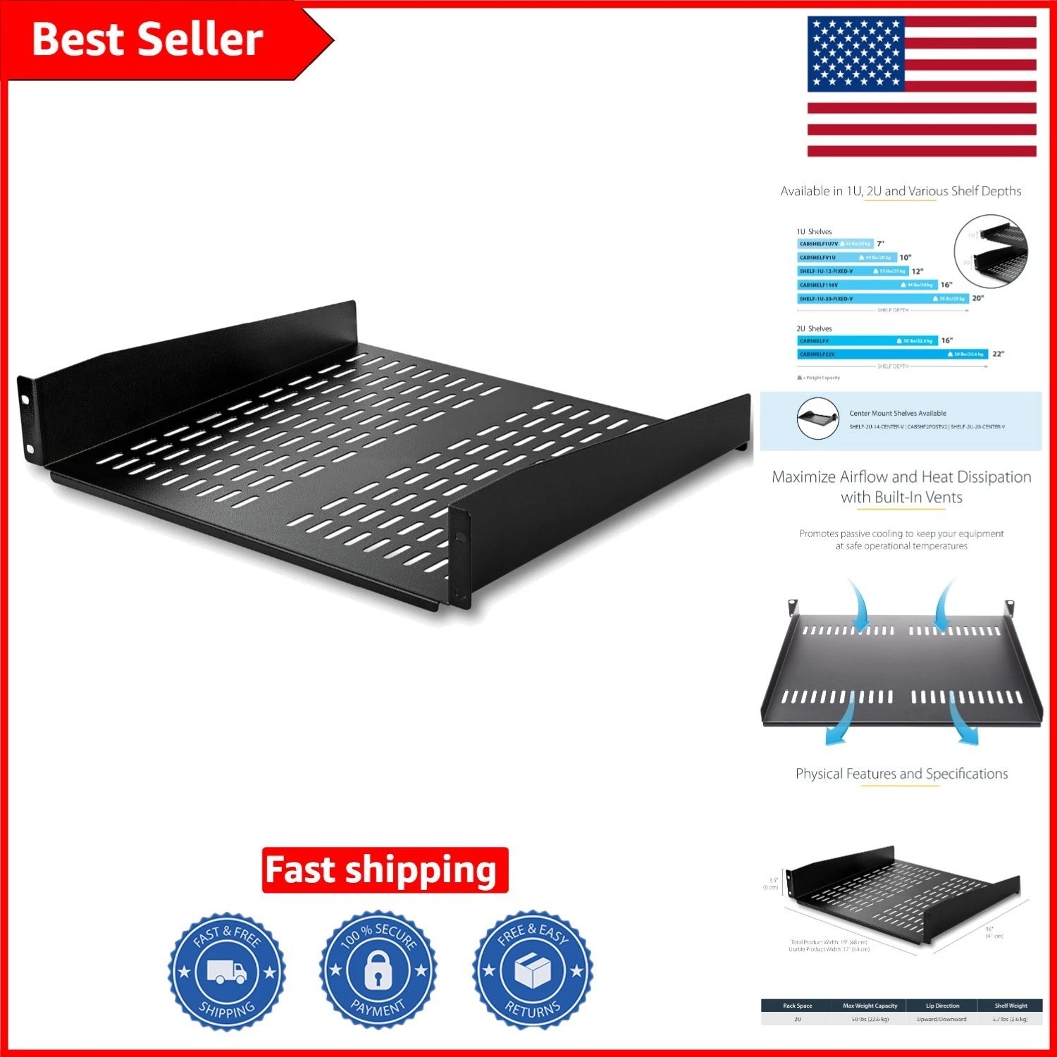 Universal 2U Rack Mount Cantilever Shelf - 50lbs Capacity & 16” Deep Design